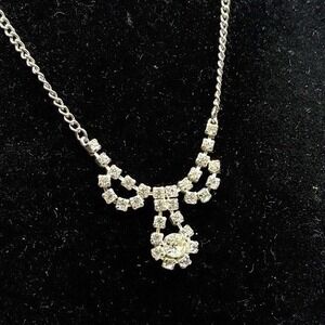 Vintage Style Rhinestone Drop Necklace Silver Bridal 16"